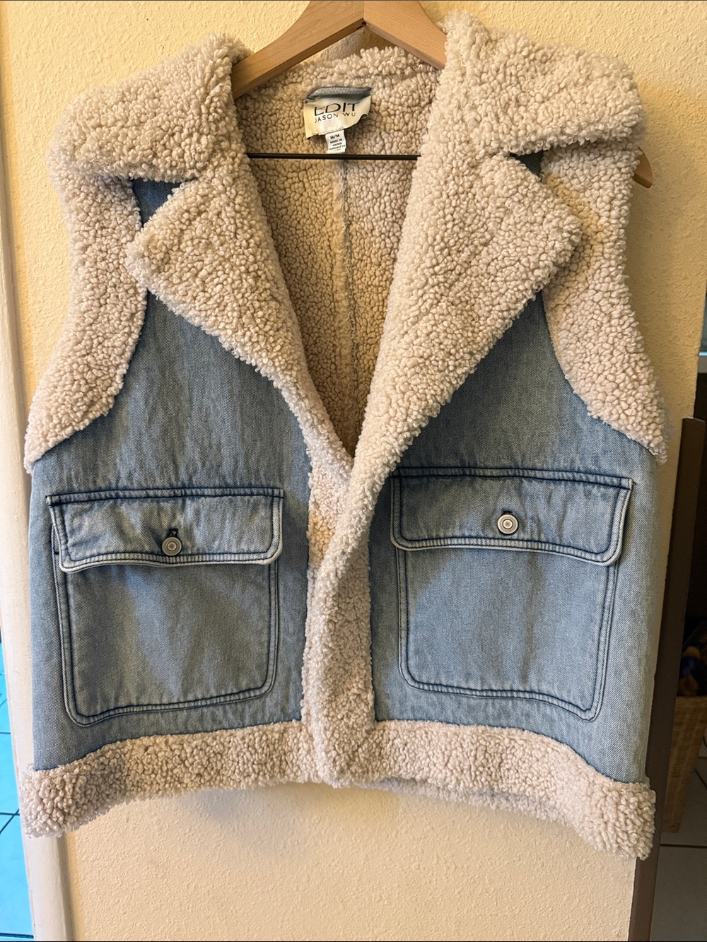 Jason Wu Cream Sherpa-Trim Light Blue Denim Vest